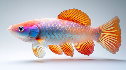 Fototapeta premium A holographic projection of an extinct Asian Arowana variant, appearing lifelike and vibrant against a clean white backdrop, symbolizing the future of de-extinction technology 