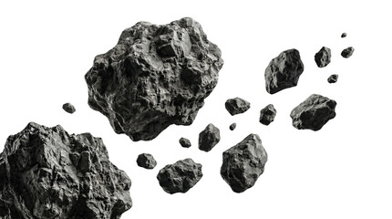 Cinematic asteroid belt with dark rocky meteorites, floating space debris and cosmic stones, realistic textured mineral fragments for sci-fi visuals isolated on Transparent Background