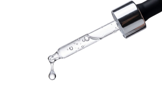 Glass pipette with liquid drop, cosmetic dropper for skincare serum, laboratory pipette with clear oil or essence for beauty treatment isolated on Transparent Background