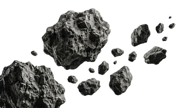 Cinematic asteroid belt with dark rocky meteorites, floating space debris and cosmic stones, realistic textured mineral fragments for sci-fi visuals isolated on Transparent Background