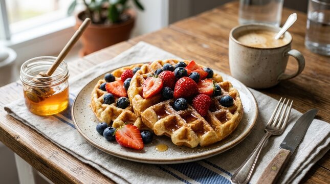 A delicious stack of golden waffles is topped with fresh blueberries, strawberries, and a generous drizzle of honey.