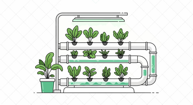 Illustration of a hydroponic system with multiple plants growing on shelves and a single plant beside it, with a white background.