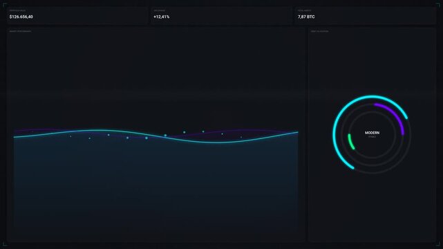 Animated audio waveform and circular equalizer display on a black background with colorful neon lines moving