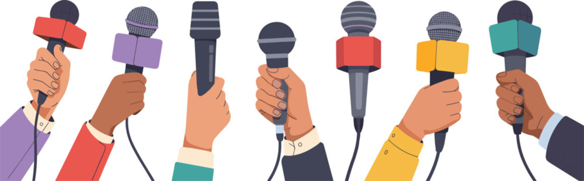 Microphones in hands vector illustration, media interview concept, journalism press conference reporters broadcasting news flat design