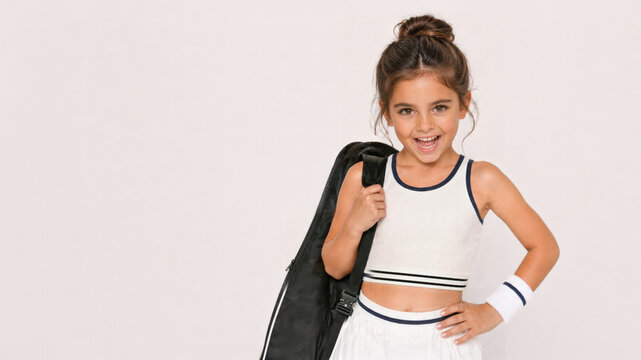 Smiling young girl models tennis attire with a racket bag over her shoulder against a clean light background with ample copy space.