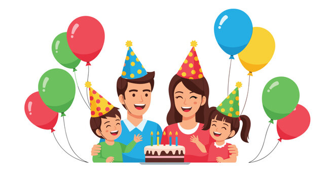 A joyful family of four gathers around a chocolate birthday cake with candles while wearing party hats and surrounded by many colorful balloons.