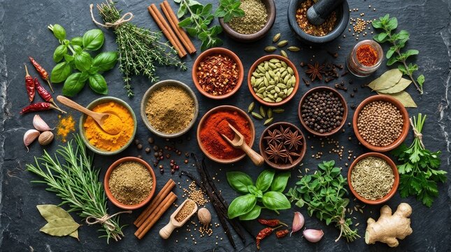 A vibrant assortment of colorful spices and herbs is arranged artfully on a dark gray slate surface.