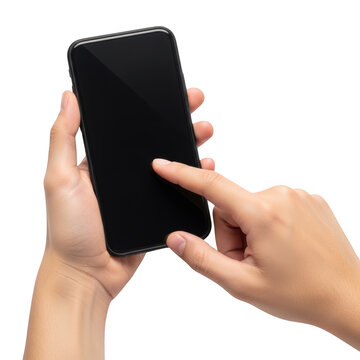 A person holding a smartphone with their left hand and tapping on the screen with their right index finger isolated on transparent background