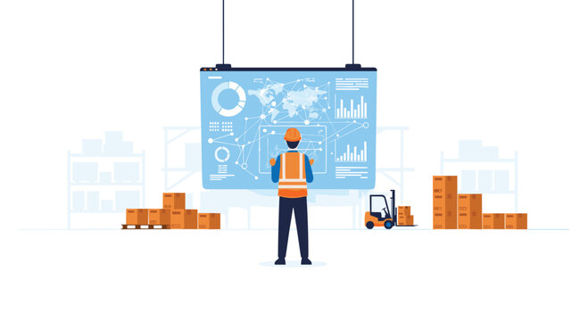A professional warehouse worker in a safety vest monitors global logistics data on a large digital screen in a clean industrial setting with a blue and orange color motif.
