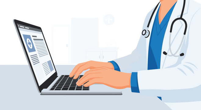 A medical professional in a white coat and blue scrubs types on a laptop while a stethoscope hangs around their neck in a sterile clinic.