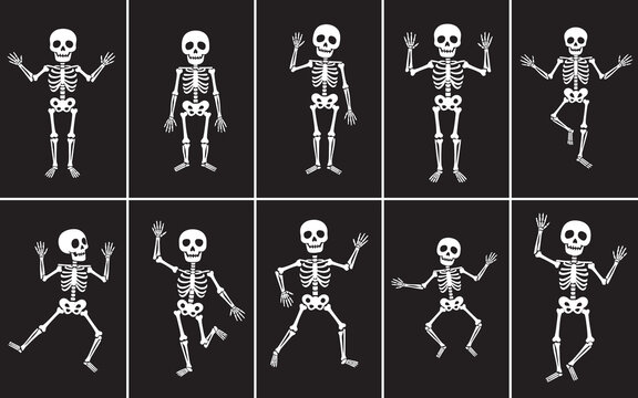 Collection of expressive and fun dancing skeletons in various joyful poses, perfect for playful design projects