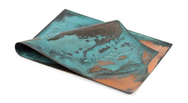 Folded sheet of weathered copper metal with blue patina oxidation isolated on white background