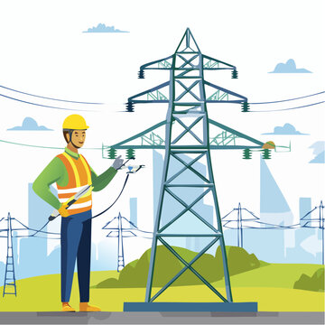 Electrical engineer inspecting high voltage power lines illustration