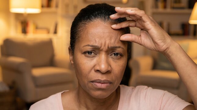 Concerned African American Woman Feeling Worried and Stressed with Hand on Forehead in a Thoughtful Indoor Setting