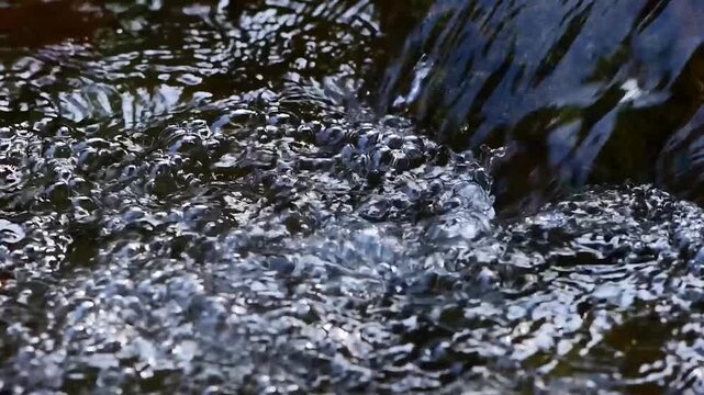 Close up of rushing water bubbles and swirling current in a mountain stream