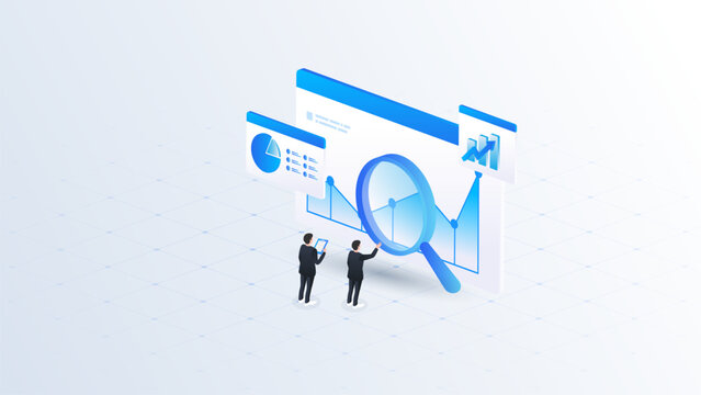 Isometric stock market data analyzing with magnifying glass, business analyzing digital stock market chart concept in blue digital style