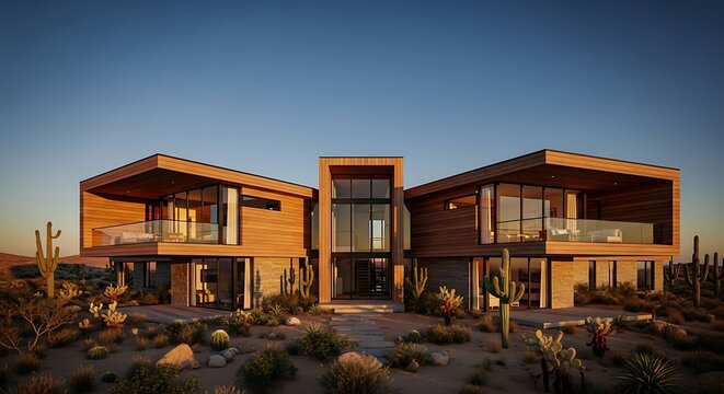 A modern luxury mansion featuring wood cladding and floor to ceiling glass windows in a contemporary two story architectural design