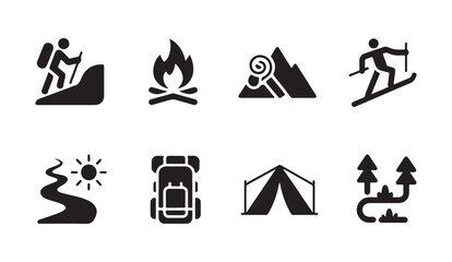 Outdoor adventure icons set with hiking tent campfire mountains backpack and forest path. © MDABDUR