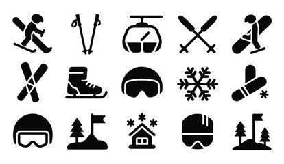 Set of black winter sports icons including ski equipment mountain gondola and snow flakes. © MDABDUR