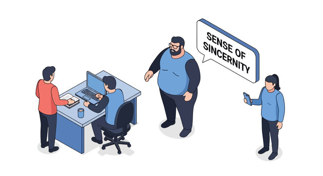 Isometric illustration of business team discussing sincerity in the workplace.