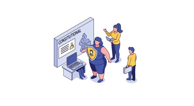 Isometric illustration of cybersecurity team protecting data and information.