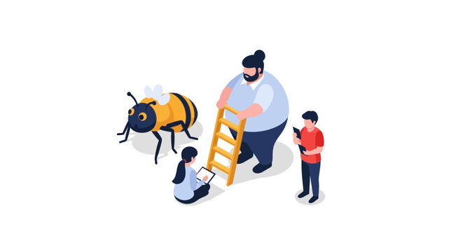 Isometric Illustration of People Observing Giant Bee with Ladder.