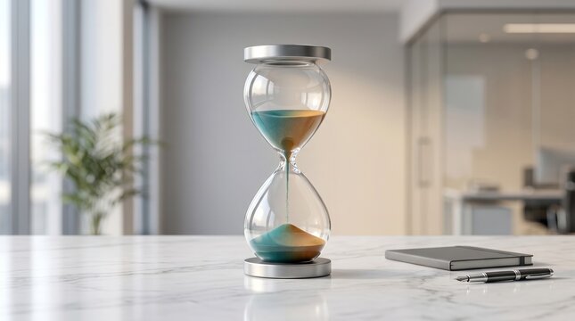 A stylish hourglass filled with blue and gold sand sits on a marble desk. The blurred modern office background suggests concepts of time management, deadlines, and business.