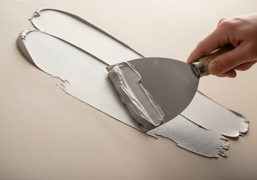 Close-up of hand spreading grey putty on wall with a putty knife