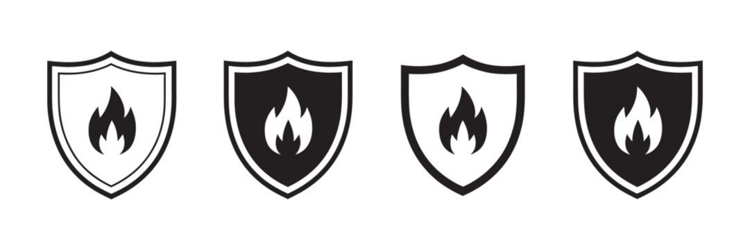 Fire protection vector icons shield and flame emblem burn protect concept fire safety security prevention system hazard control illustration vector 10 eps high quality design.