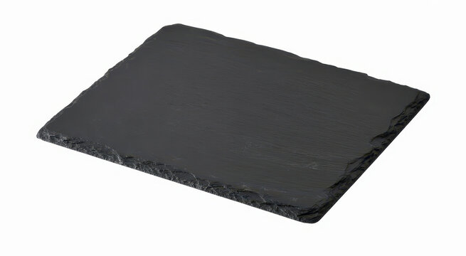 Rectangular black slate serving board with natural rough edges isolated on a white background