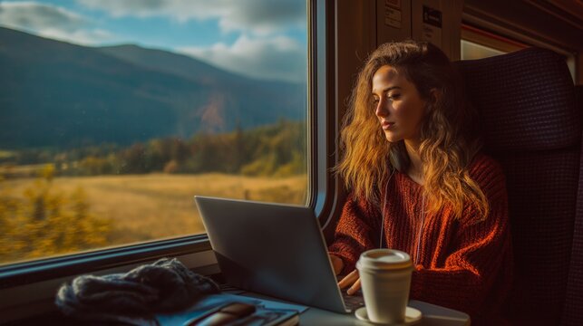 Train travel woman laptop work commute window mountain landscape passenger digital nomad