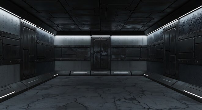 Empty square room with Sci Fi Grunge Cement Asphalt Underground Warehouse Tunnel Corridor Garage Basement Alien Metal Plates Showroom Background Realistic Dark Room