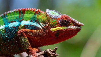 Fototapeta premium A vibrant close-up of a chameleon displaying striking colors while resting on a branch, highlighting camouflage, texture, and exotic wildlife beauty.