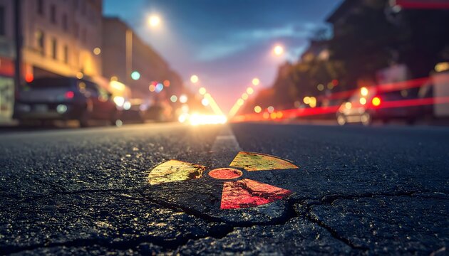 A close-up view of painted radioactive biohazard warning signs on a cracked asphalt road at dusk with blurred city street lights and vehicles in background, depicting an urban hazardous mate