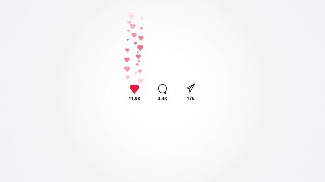 Animated hearts floating towards social media icons on white background