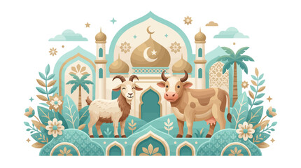 Obraz premium Animals stand before mosque with floral surroundings and festive decorations