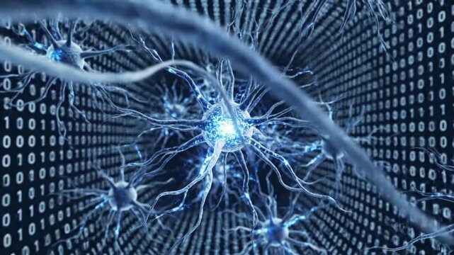 Artistic neuron brain cells shine in blue glow within cyberspace on VSRExport platform