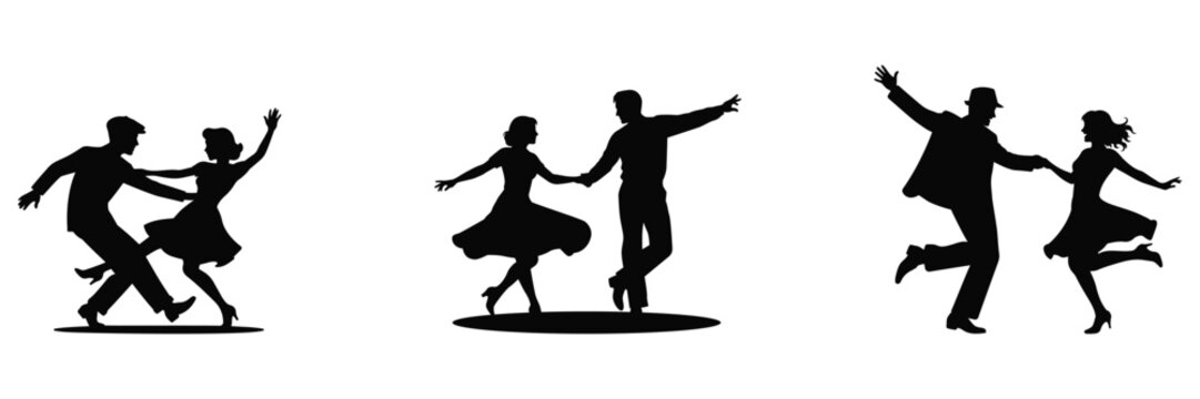 Vintage swing dance couple silhouette set isolated on transparent background. Retro style dancing partners in dynamic poses, perfect for music, jazz, performance, and entertainment themed designs.