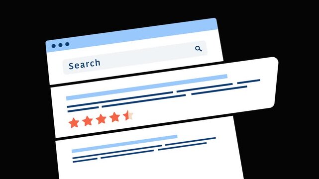 Search results animation with query typing, review snippets and star ratings. Search engine results page and SGE SEO concept. Smooth loop motion for marketing analytics tools motion graphic animation