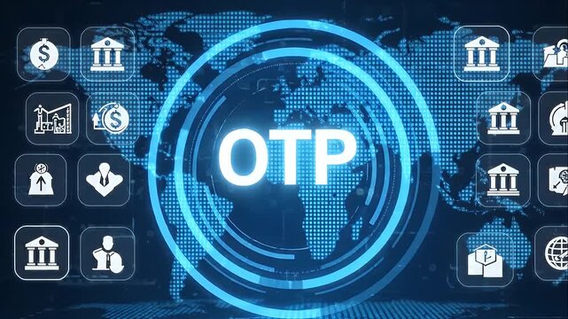 Digital OTP one time password security concept glowing over a world map with various financial and banking icons.