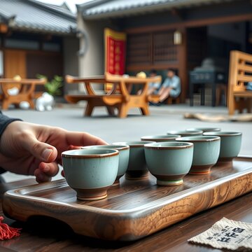 high quality, stock photo, traditional Korean tea ceremony with celadon cups on wooden tray, serene, wide cultural environment shot perspective, vibrant street culture energy, with Korean design eleme