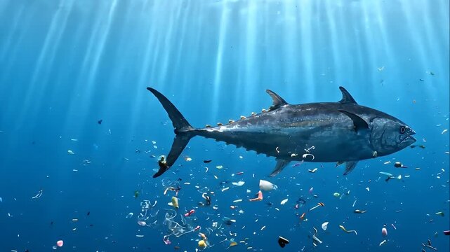 Large tuna fish swims through a cloud of plastic waste and microplastics in the deep blue ocean