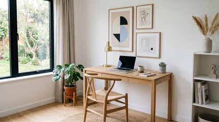 Fototapeta premium Modern home office workspace with wooden desk and chair