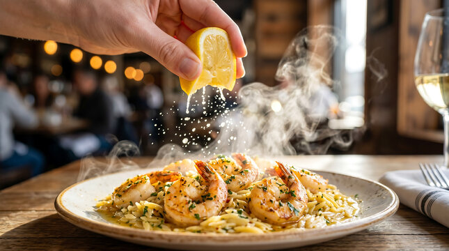 Delicious plate of shrimp and orzo pasta with a squeeze of fresh lemon juice in a restaurant setting