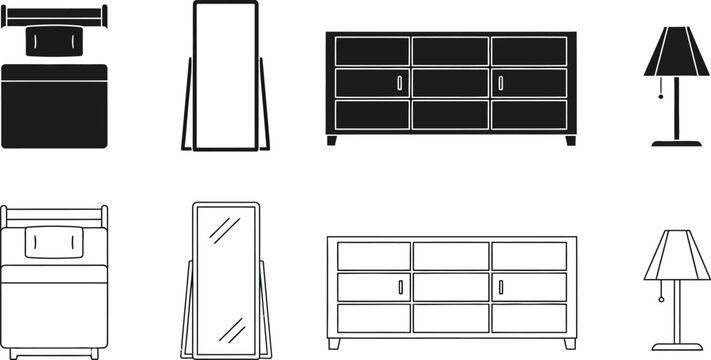 Collection of stylish bedroom furniture designs in black and white outline