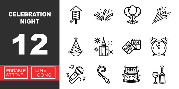 Celebration Night line icon set. Vector pictograms of rocket, confetti, balloons, popper, hat, fireworks, calendar, clock, microphone, blower, cake, champagne. Editable stroke.