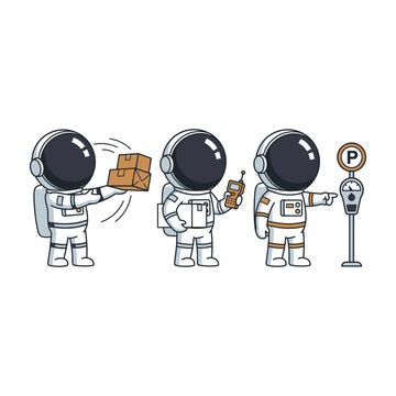 Astronauts in space with pizza and parking meter