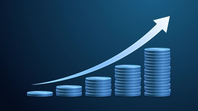 Business growth and financial success concept with stacked coins and upward arrow chart. Illustrating investment returns, savings, profit, price increase and economic progress