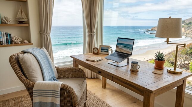 coastal home office with laptop and ocean view