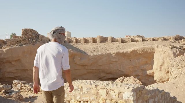Male Tourist Exploring the Lost City of Ubar, Cinematic Traveler at Wubar Archaeological Site Shisr Oman